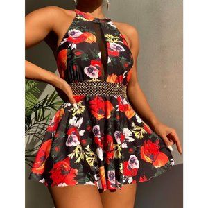 NEW Floral Print Contrast Tape One Piece Swimsuit S